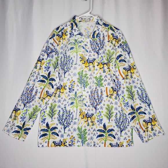 Print Fresh Button Pajama Shirt Women Medium Organic Cotton Camel Floral - Picture 1 of 12